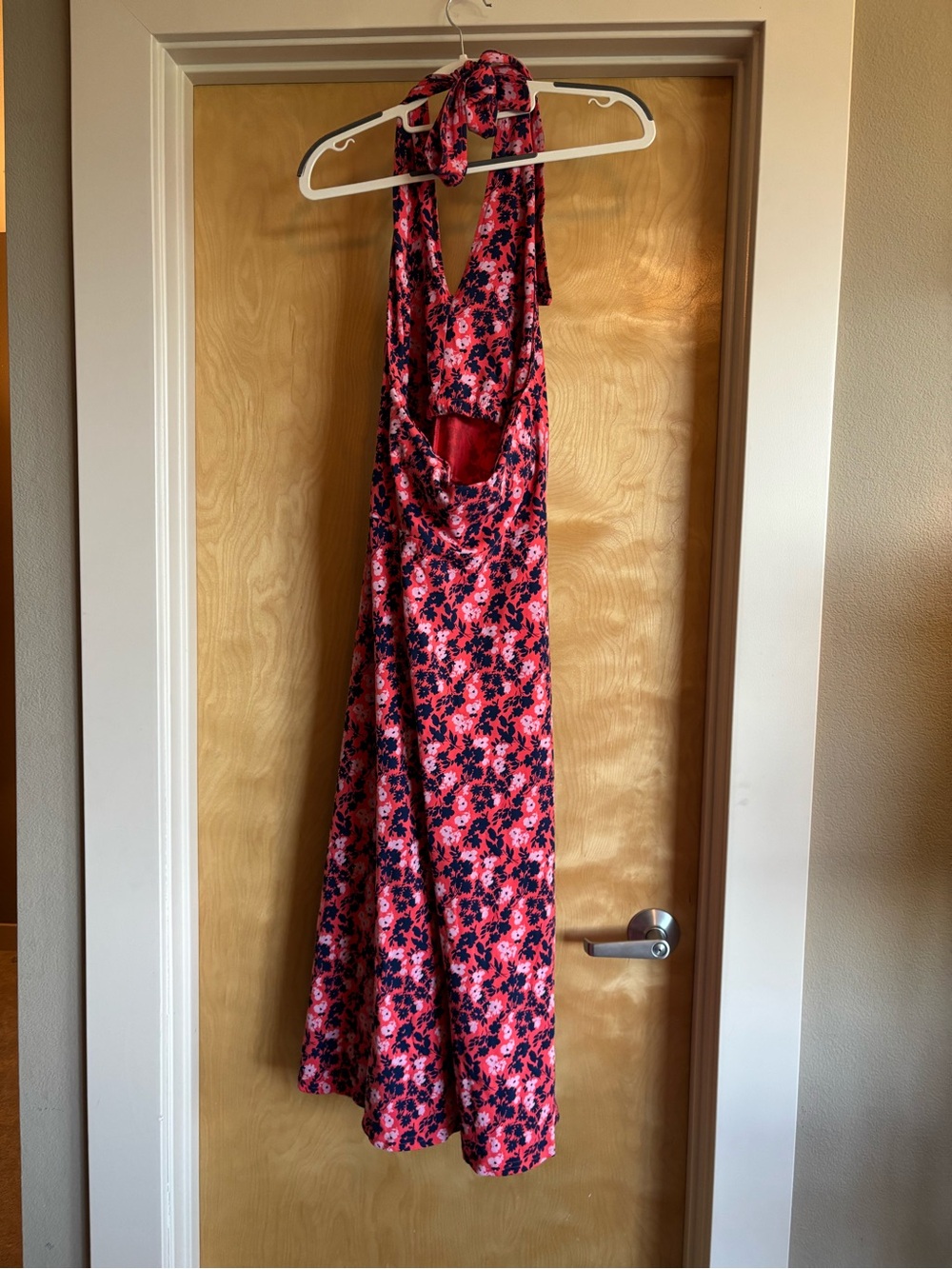 Pact Organic Cotton Floral Halter Dress Coral Pink Navy Fit Flare Sz M - Picture 4 of 4
